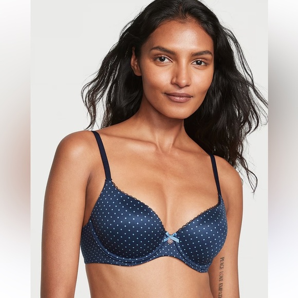Victoria’s Secret Body by VS Light Lined Smooth Demi Bra Size 34D Noir Navy Dot - Picture 2 of 16